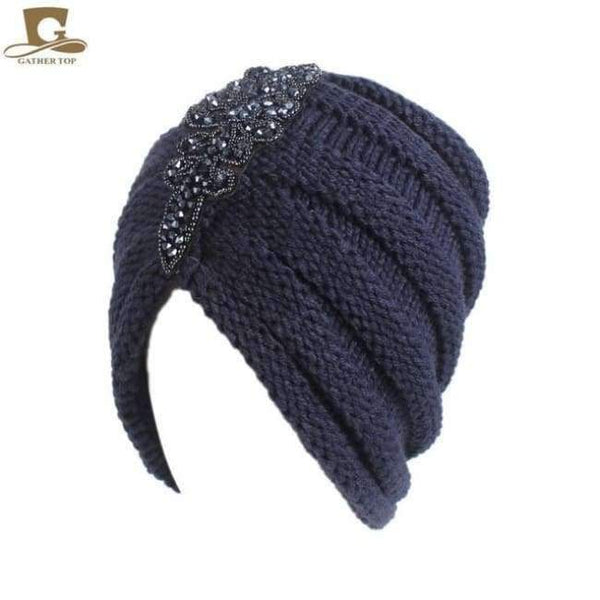 Planet Gates Navy NEW Winter Warm Women Slouchy Beanie Beaded Flower Knit Turban Skull Cap Peaded Baggy Knitted Hat