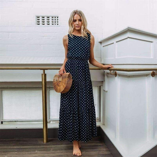 Planet Gates Navy / S 2018 Autumn Hot Sale Women Casual Sleeveless Polka Dot Print Dress Loose Long Maxi Dresses Vestidos Sexy Button