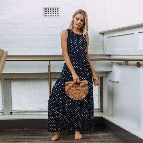 Planet Gates Navy / S 2018 Autumn Hot Sale Women Casual Sleeveless Polka Dot Print Dress Loose Long Maxi Dresses Vestidos Sexy Button