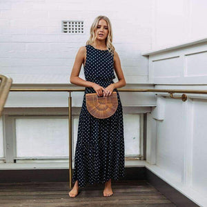 Planet Gates Navy / S 2018 Autumn Hot Sale Women Casual Sleeveless Polka Dot Print Dress Loose Long Maxi Dresses Vestidos Sexy Button