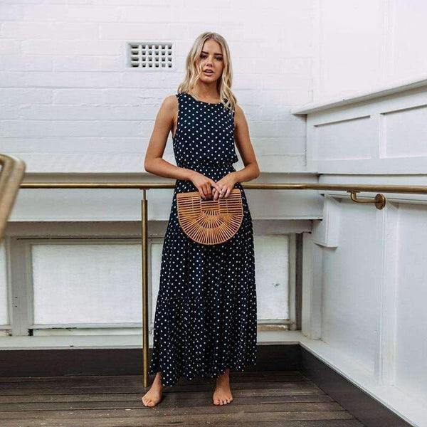 Planet Gates Navy / S 2018 Autumn Hot Sale Women Casual Sleeveless Polka Dot Print Dress Loose Long Maxi Dresses Vestidos Sexy Button