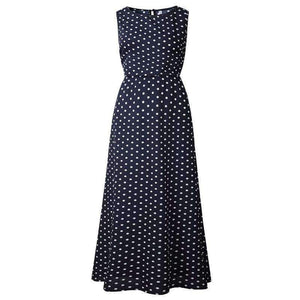 Planet Gates Navy / S 2018 Autumn Hot Sale Women Casual Sleeveless Polka Dot Print Dress Loose Long Maxi Dresses Vestidos Sexy Button