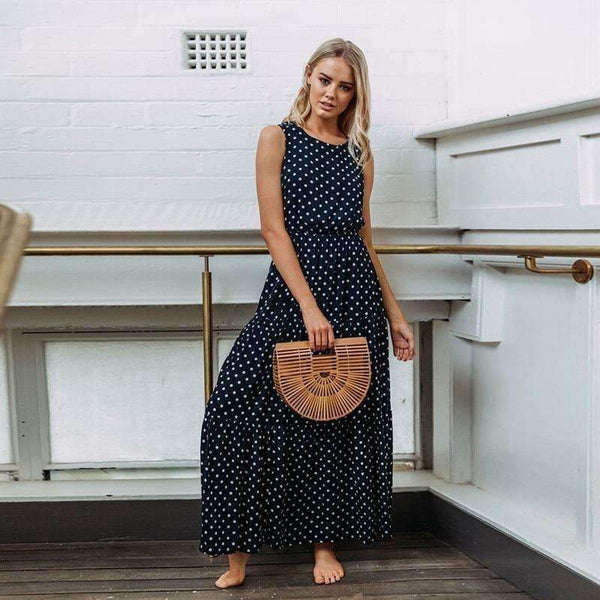 Planet Gates Navy / S 2018 Autumn Hot Sale Women Casual Sleeveless Polka Dot Print Dress Loose Long Maxi Dresses Vestidos Sexy Button