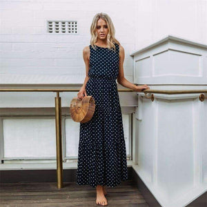 Planet Gates Navy / S 2018 Autumn Hot Sale Women Casual Sleeveless Polka Dot Print Dress Loose Long Maxi Dresses Vestidos Sexy Button
