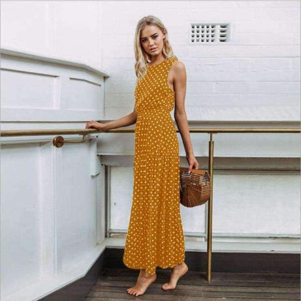 Planet Gates Navy / S 2018 Autumn Hot Sale Women Casual Sleeveless Polka Dot Print Dress Loose Long Maxi Dresses Vestidos Sexy Button