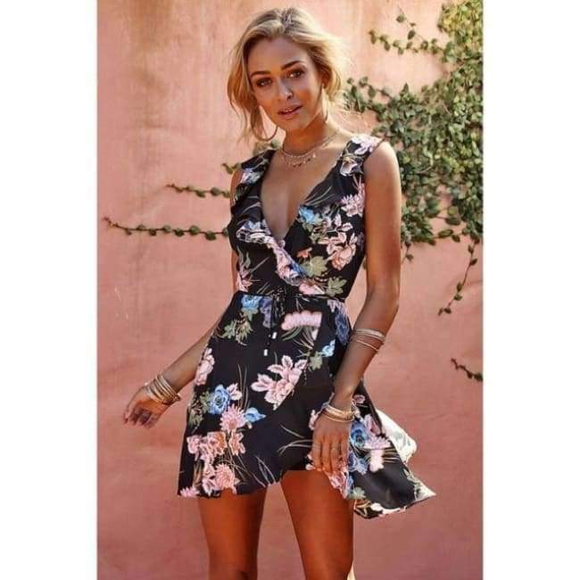 Planet Gates Red / S Maxfresh Summer Dress 2018 Women Sexy Flower Print Dresses Hem Folds Bohemian Style Belt Mini Ruffle Beach Dress