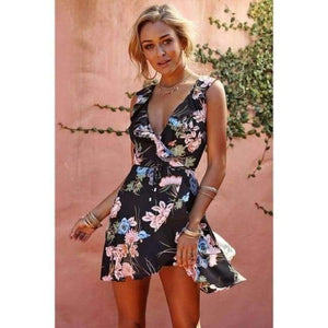 Planet Gates Navy / S Maxfresh Summer Dress 2018 Women Sexy Flower Print Dresses Hem Folds Bohemian Style Belt Mini Ruffle Beach Dress