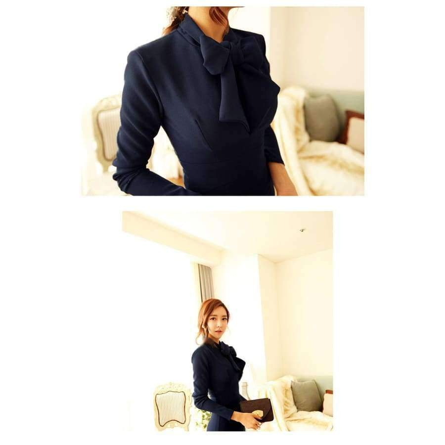 Planet Gates navy / S MingJieBiHuo fashion new temperament pencil dress work style women summer OL office sexy bow navy elegant slim party long dress