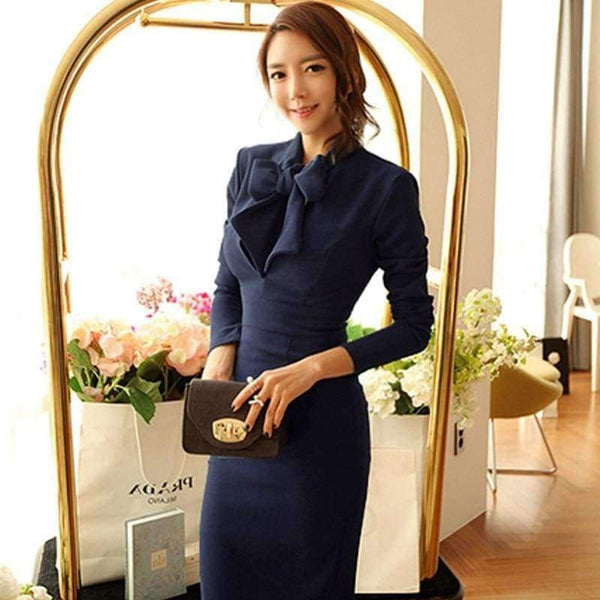 Planet Gates navy / S MingJieBiHuo fashion new temperament pencil dress work style women summer OL office sexy bow navy elegant slim party long dress