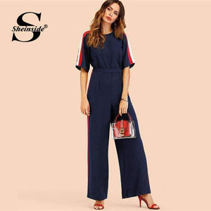 Planet Gates Navy / S Navy Striped Side Work Elegant Wide Leg Jumpsuit Office Ladies Half Sleeve High Waist 2018 Autumn Women Jumpsuits