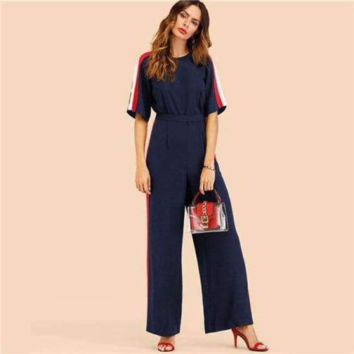 Planet Gates Navy / S Navy Striped Side Work Elegant Wide Leg Jumpsuit Office Ladies Half Sleeve High Waist 2018 Autumn Women Jumpsuits
