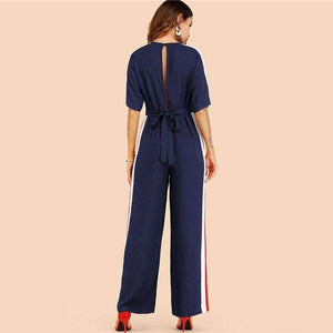 Planet Gates Navy / S Navy Striped Side Work Elegant Wide Leg Jumpsuit Office Ladies Half Sleeve High Waist 2018 Autumn Women Jumpsuits