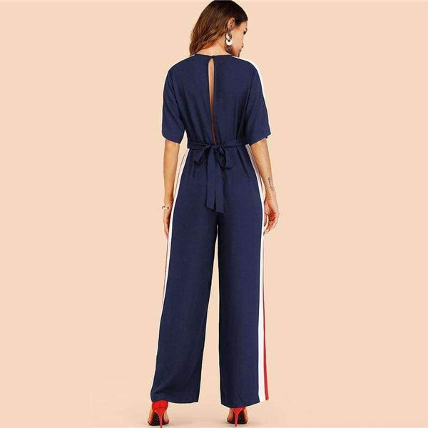 Planet Gates Navy / S Navy Striped Side Work Elegant Wide Leg Jumpsuit Office Ladies Half Sleeve High Waist 2018 Autumn Women Jumpsuits
