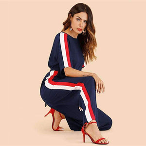 Planet Gates Navy / S Navy Striped Side Work Elegant Wide Leg Jumpsuit Office Ladies Half Sleeve High Waist 2018 Autumn Women Jumpsuits