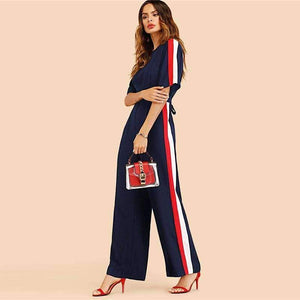 Planet Gates Navy / S Navy Striped Side Work Elegant Wide Leg Jumpsuit Office Ladies Half Sleeve High Waist 2018 Autumn Women Jumpsuits