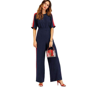 Planet Gates Navy / S Navy Striped Side Work Elegant Wide Leg Jumpsuit Office Ladies Half Sleeve High Waist 2018 Autumn Women Jumpsuits
