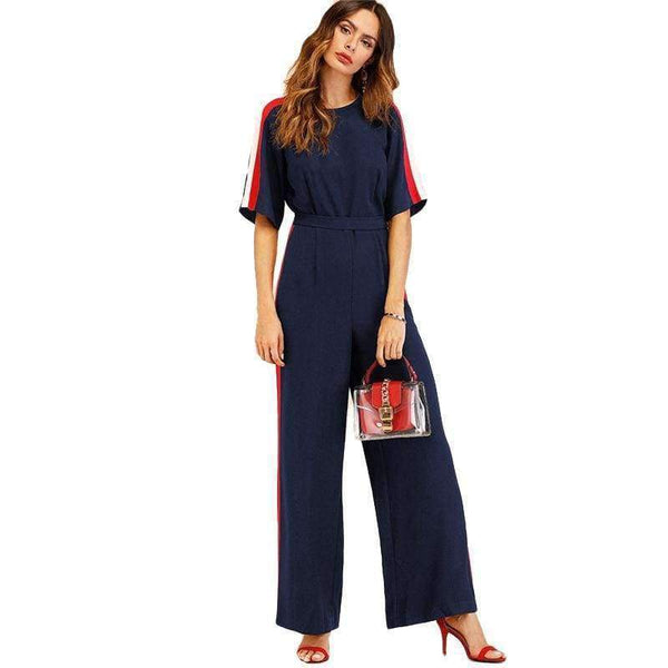 Planet Gates Navy / S Navy Striped Side Work Elegant Wide Leg Jumpsuit Office Ladies Half Sleeve High Waist 2018 Autumn Women Jumpsuits