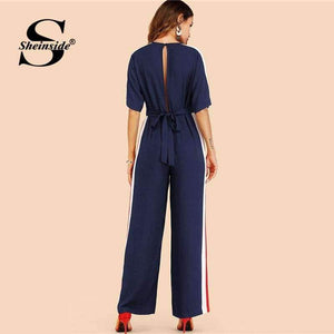 Planet Gates Navy / S Navy Striped Side Work Elegant Wide Leg Jumpsuit Office Ladies Half Sleeve High Waist 2018 Autumn Women Jumpsuits