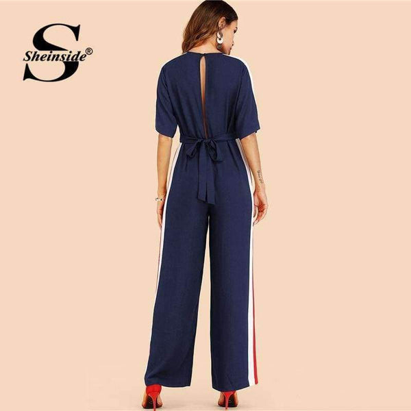 Planet Gates Navy / S Navy Striped Side Work Elegant Wide Leg Jumpsuit Office Ladies Half Sleeve High Waist 2018 Autumn Women Jumpsuits