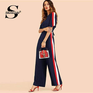 Planet Gates Navy / S Navy Striped Side Work Elegant Wide Leg Jumpsuit Office Ladies Half Sleeve High Waist 2018 Autumn Women Jumpsuits