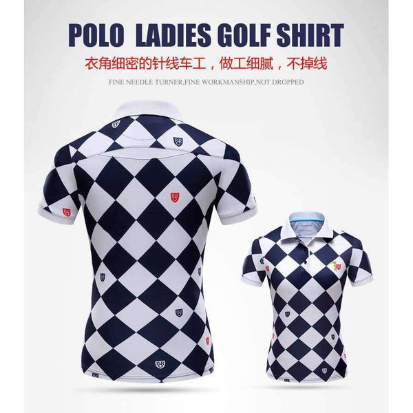 Planet Gates navy white plaid / S Polo Women's Golf T-shirt Summer Clothing Ladies Short Sleeve Korean POLO Shirt Breathable Leisure Sports
