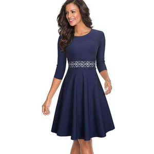 Planet Gates Navy s rukávem / L Nice-forever Vintage elegantní výšivka květinová krajka patchwork vestidos áčkové pin-up obchodní dámské párty zvonové šaty A079