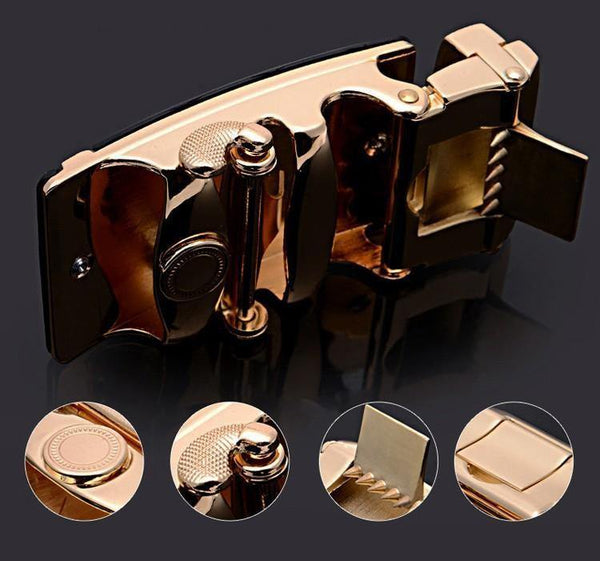 Planet Gates NE305 gold / 105cm 29to31 Inch Leather Strap Belts For Men Top Quality Automatic Buckle black Belts Cummerbunds