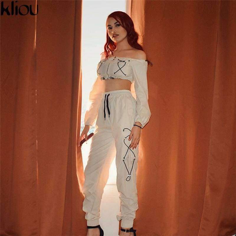 Planet Gates White / L Neck Off Shoulder Women Two Pieces Sets 2018 Autumn Zipper Bandage Crop Tops Drawstring High Waist Pants Tanksuits