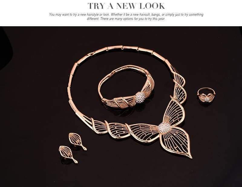 Planet Gates Necklace Earrings Bangle Ring Sets Gold Color Crystal Wedding Bridal Jewelry Sets