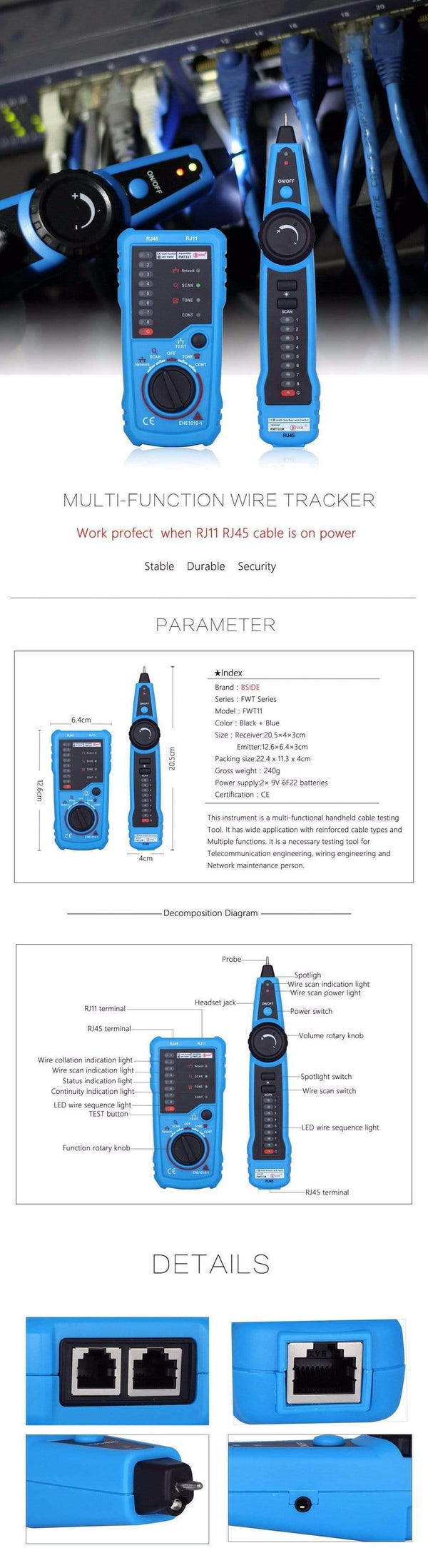 Network Cable Tester Detector RJ11 RJ45 Cat5 Cat6 Telephone Wire Tracker Tracer Toner Ethernet LAN Line Finder