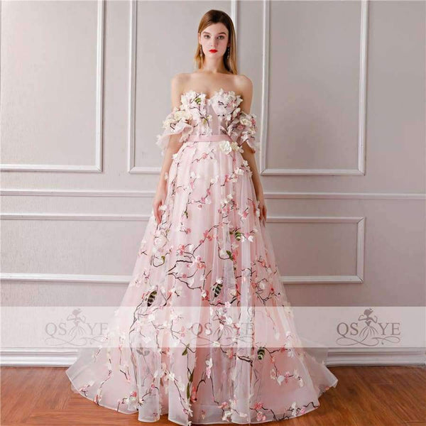 Planet Gates New Arrival 3D Floral Flower Formal Evening Dresses Sweetheart Lace Sweep Train Vintage Prom Dress Party Gown