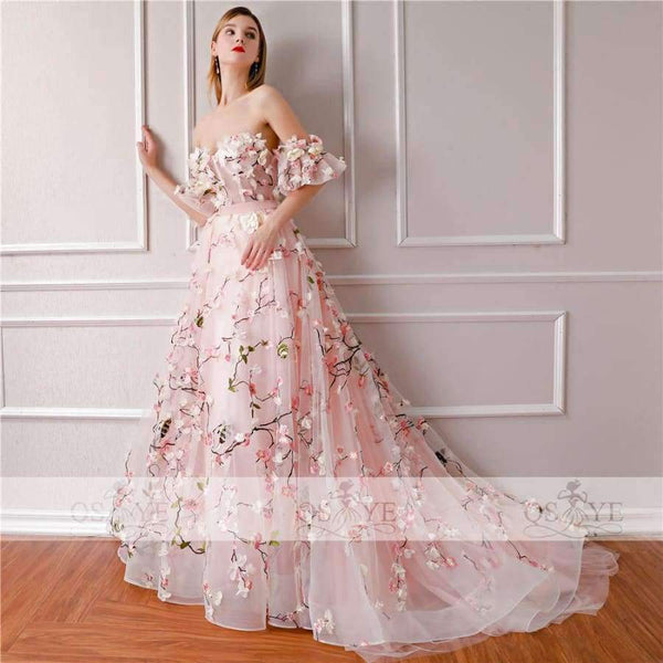 Planet Gates New Arrival 3D Floral Flower Formal Evening Dresses Sweetheart Lace Sweep Train Vintage Prom Dress Party Gown