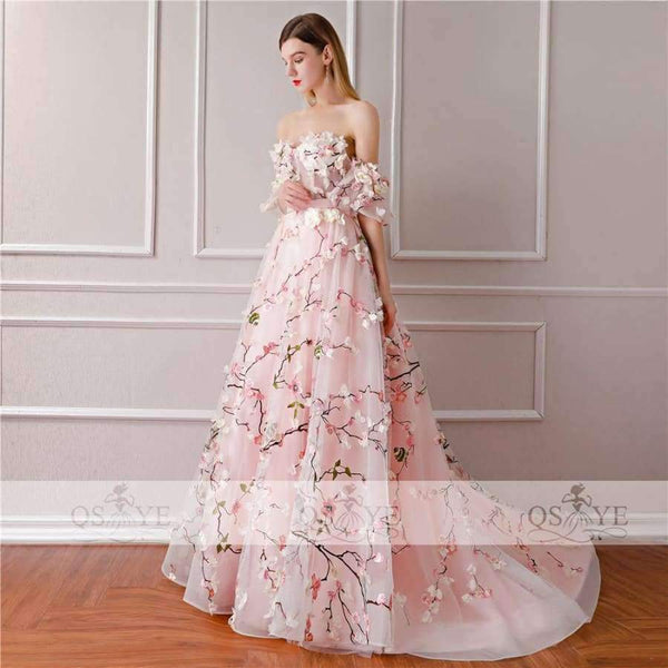 Planet Gates New Arrival 3D Floral Flower Formal Evening Dresses Sweetheart Lace Sweep Train Vintage Prom Dress Party Gown