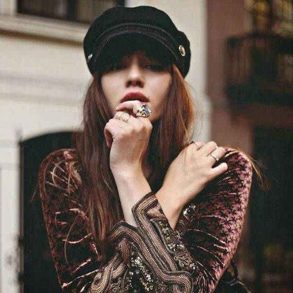 Planet Gates New Arrival Black Lace Embroidery Captain Hat Casual Rope Flat Cap Women Clothing Accessories Autumn Winter Cool Girls Beret Hat