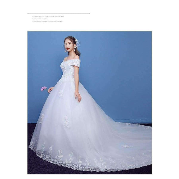Planet Gates New Arrival Mrs Win Applicue Wedding Dress Lace Boat Neck Sweep Brush Train Bridal Gown lace Up Cap Sleeve Frock Dress