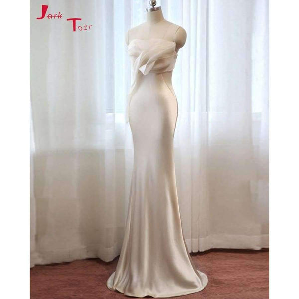 Planet Gates New Arrive Light Champagne China Formal Gowns Long Vestido De Festa Simple Soft Satin Mermaid Evening Dress