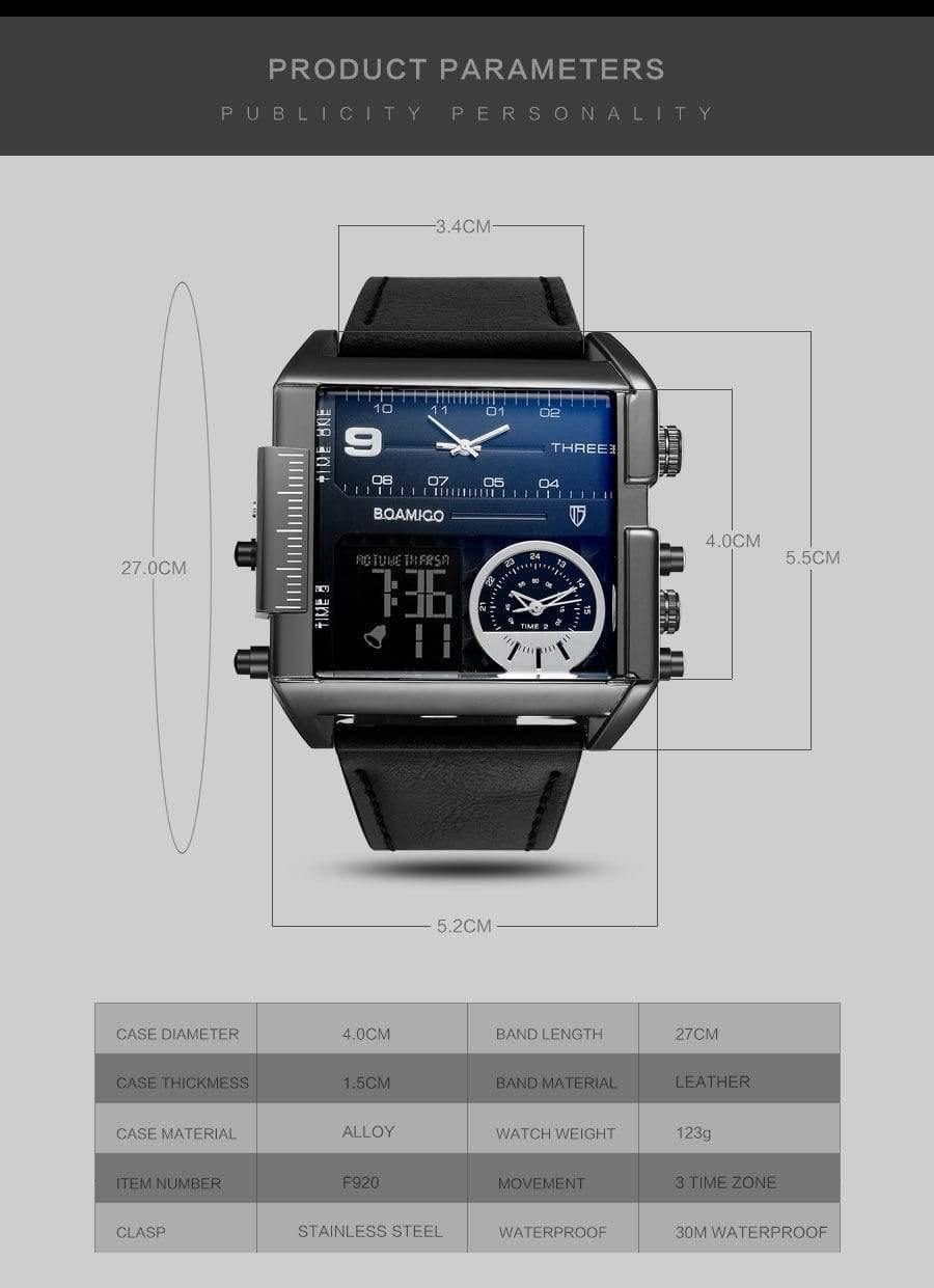 Planet Gates new black Men sports watches 3 time zone big man fashion watch leather quartz wristwatches relogio masculino montre homme