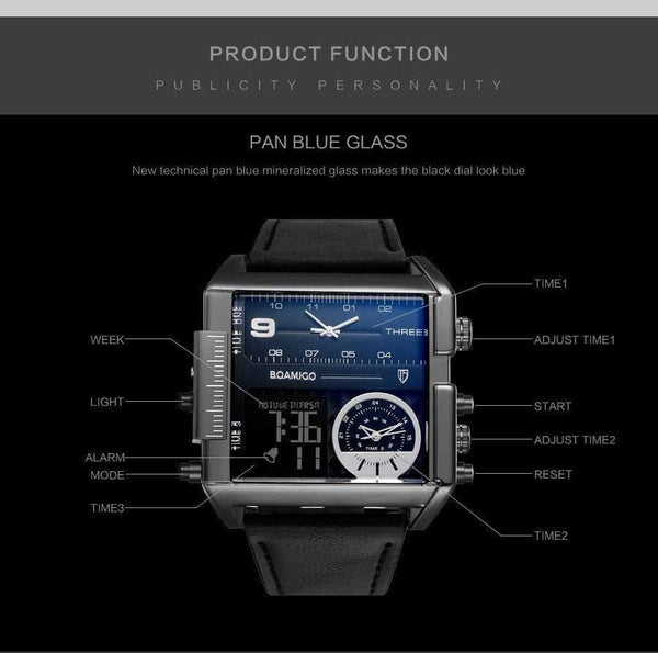 Planet Gates new black Men sports watches 3 time zone big man fashion watch leather quartz wristwatches relogio masculino montre homme