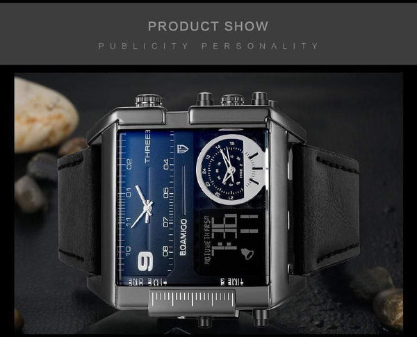 Planet Gates new black Men sports watches 3 time zone big man fashion watch leather quartz wristwatches relogio masculino montre homme