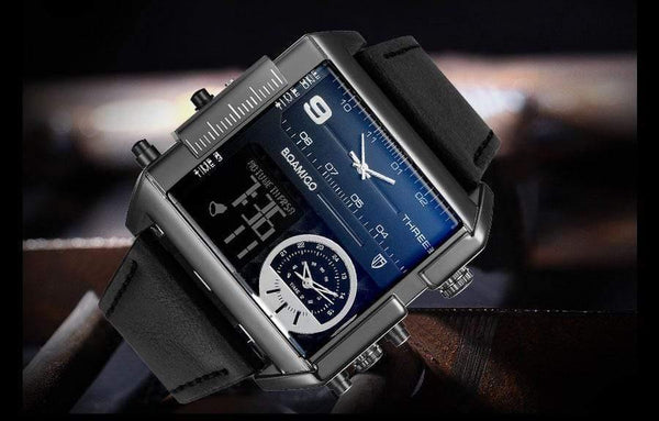 Planet Gates new black Men sports watches 3 time zone big man fashion watch leather quartz wristwatches relogio masculino montre homme