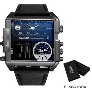 Planet Gates new black with box Men sports watches 3 time zone big man fashion watch leather quartz wristwatches relogio masculino montre homme