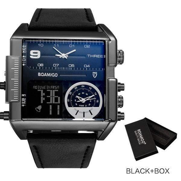 Planet Gates new black with box Men sports watches 3 time zone big man fashion watch leather quartz wristwatches relogio masculino montre homme