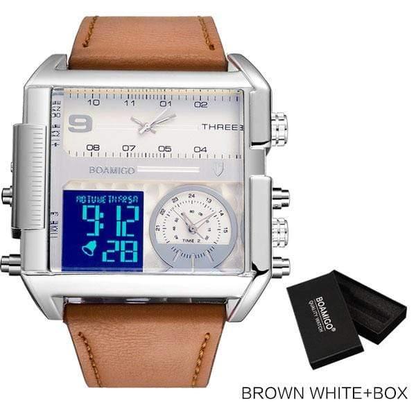 Planet Gates new brown white box Men sports watches 3 time zone big man fashion watch leather quartz wristwatches relogio masculino montre homme