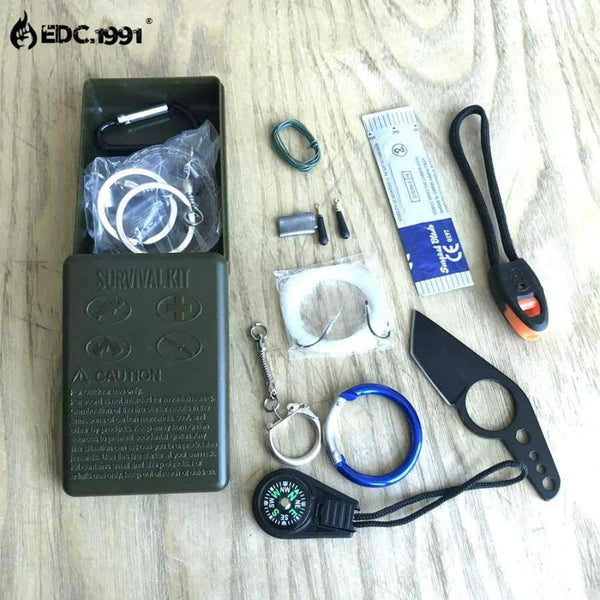 Planet Gates NEW EDC.1991 12 in1 Outdoor Camping Equipment Sealed box Survival Kit SOS Knife Carabiner Edc Tools for compass Wire Saw
