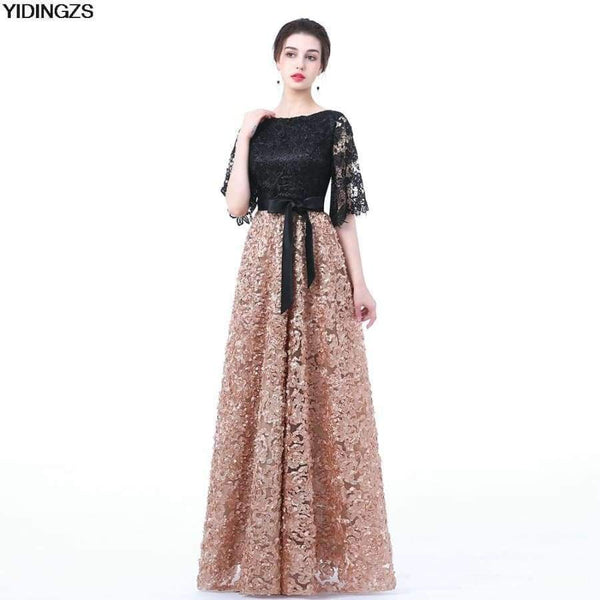 Planet Gates New Evening Dress Black With Khaki Color Lace Floor-length Long Prom Party Gowns