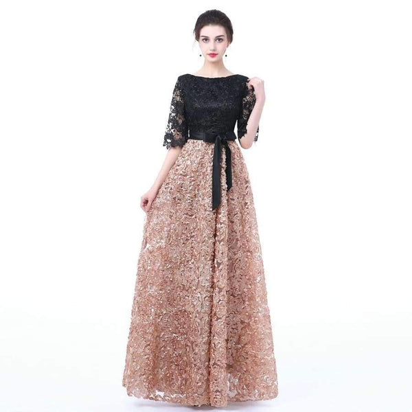 Planet Gates New Evening Dress Black With Khaki Color Lace Floor-length Long Prom Party Gowns