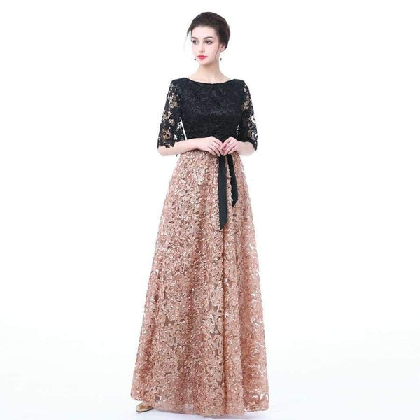Planet Gates New Evening Dress Black With Khaki Color Lace Floor-length Long Prom Party Gowns
