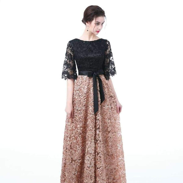 New Evening Dress Black With Khaki Color Lace Floor-Length Long Prom Party Gowns