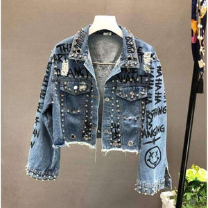 Planet Gates New Fashion Bead Diamond Graffiti Printed Short Design Denim Jacket Coat Women High Waist Cowboy Coats Student Streetwear