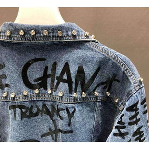 Planet Gates New Fashion Bead Diamond Graffiti Printed Short Design Denim Jacket Coat Women High Waist Cowboy Coats Student Streetwear